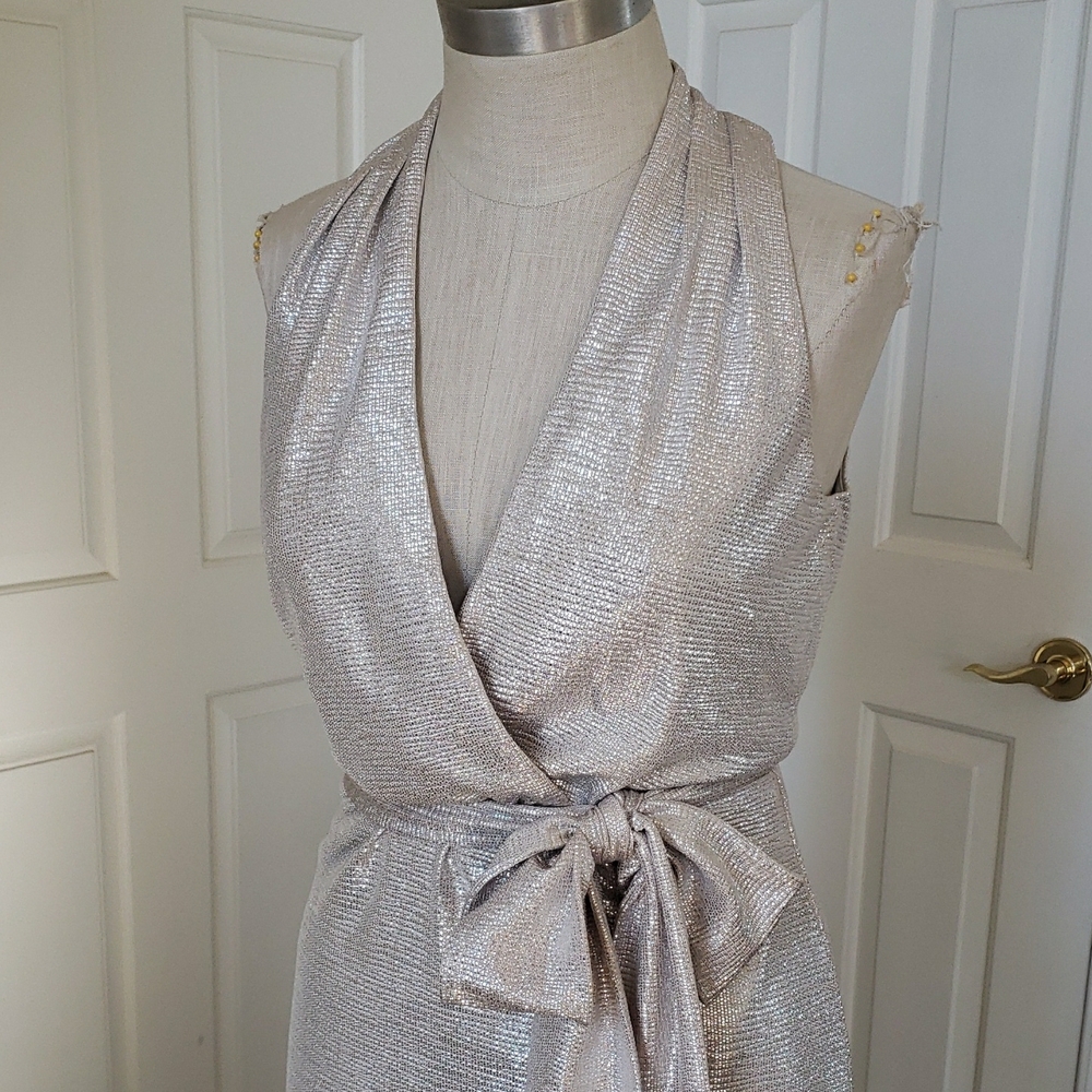 Lauren Ralph Lauren Silver Metallic Wrap Dress | Sleeveless Evening Gown SIZE 2 - Picture 7 of 16